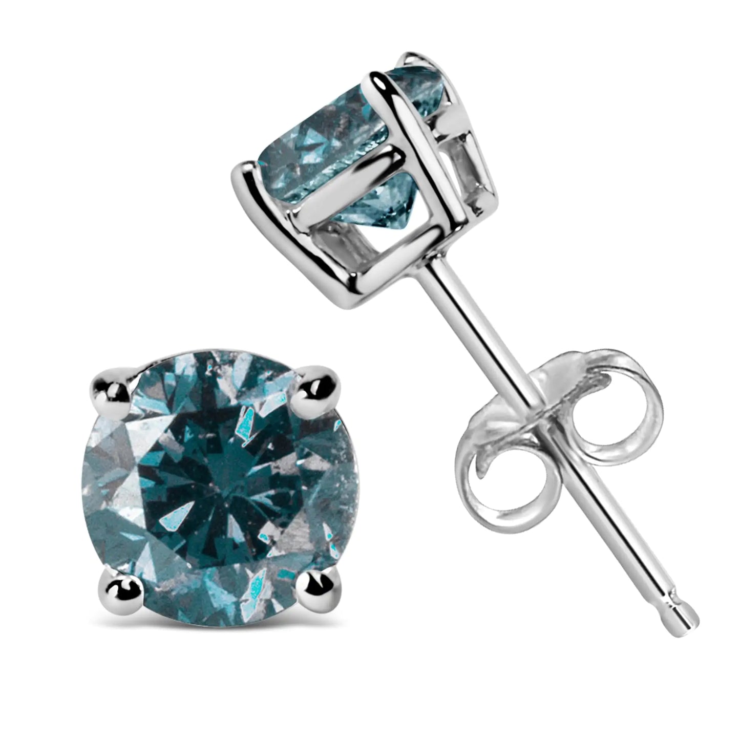 Aros solitarios clásicos de 4 puntas con diamantes azules cultivados en laboratorio de talla brillante redonda en oro de 14 quilates y cierres a presión