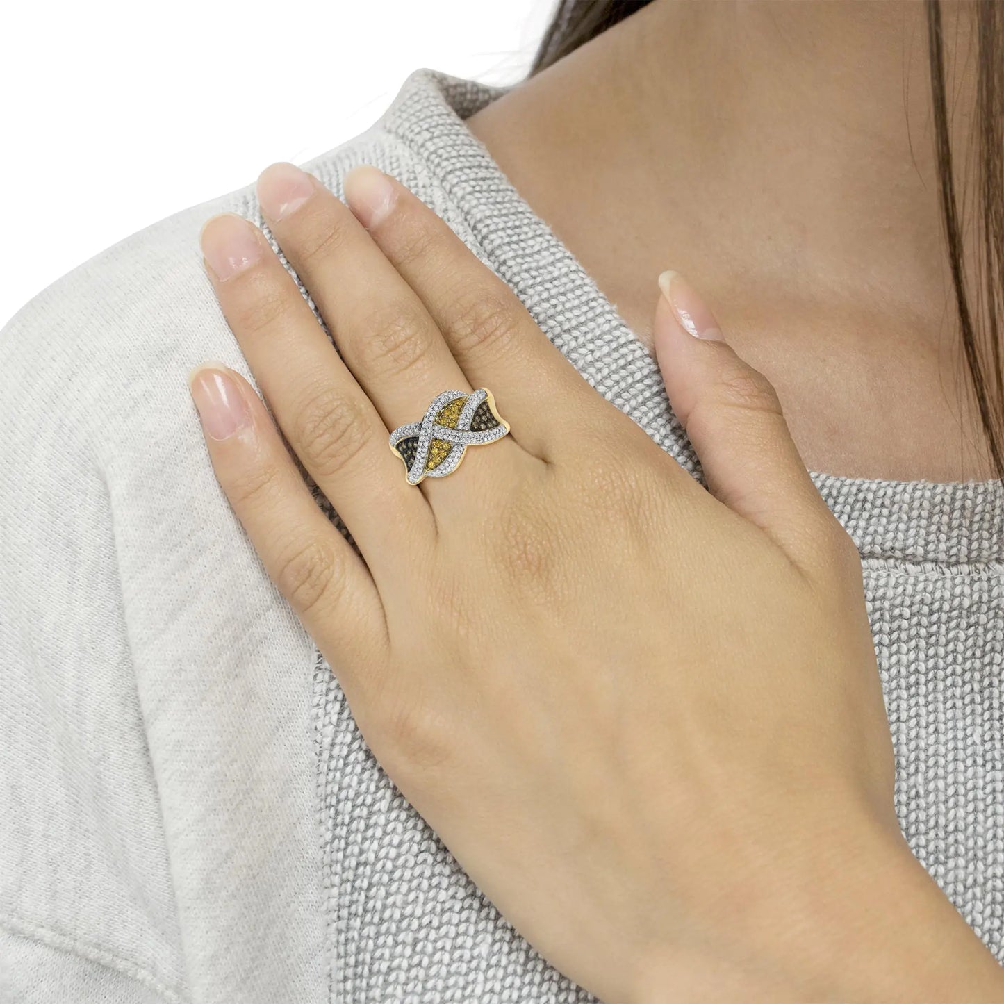 14K Yellow Gold 3/4 ct Champagne, Yellow & White Diamond Woven Design Ring