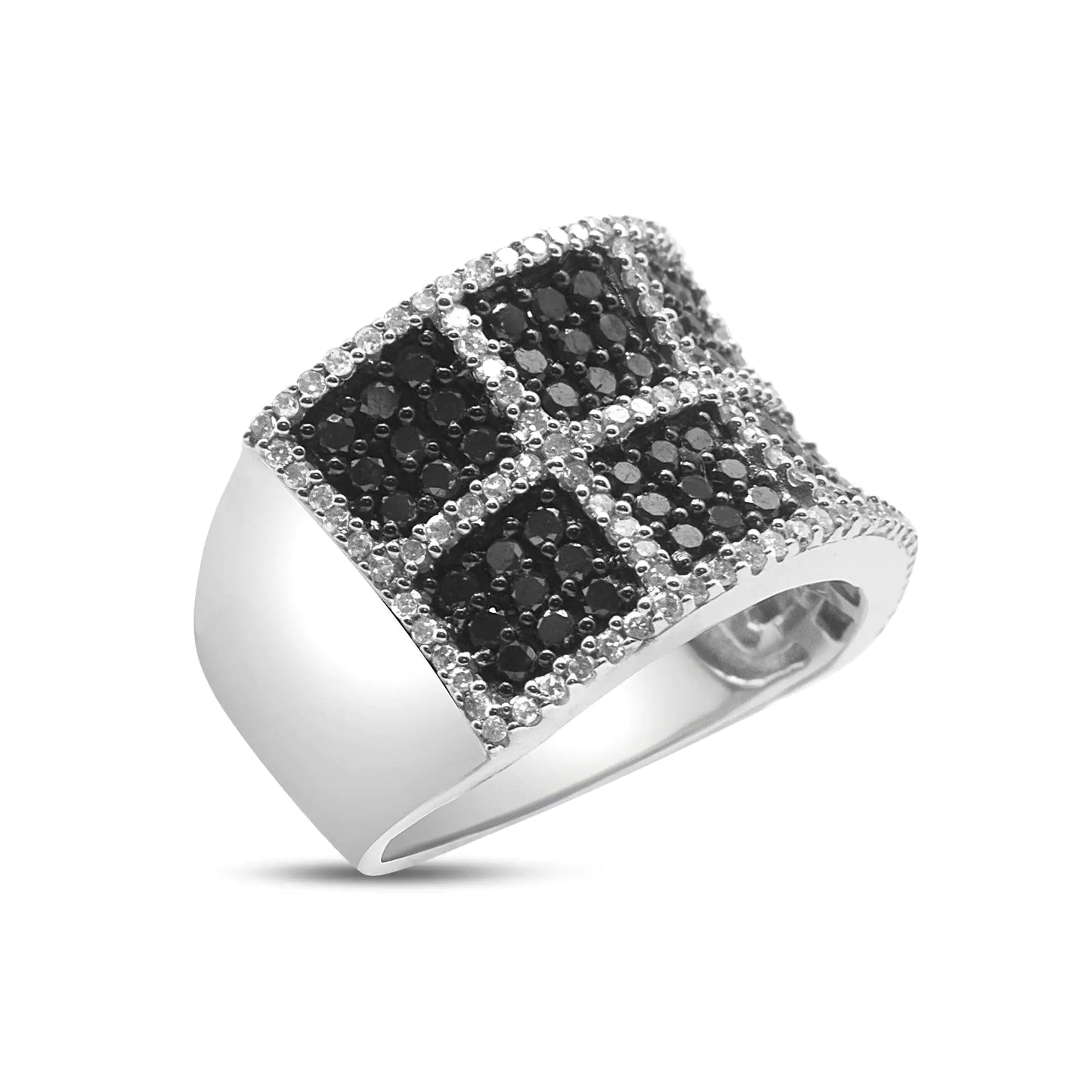 Anillo de cóctel de oro blanco de 14 quilates con diamantes blancos y negros tratados de 1 1/2 quilates (color HI, claridad I1-I2)