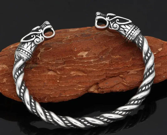 Pulsera sólida abierta con dragón de dos cabezas retro de acero inoxidable pirata vikingo mítico de moda