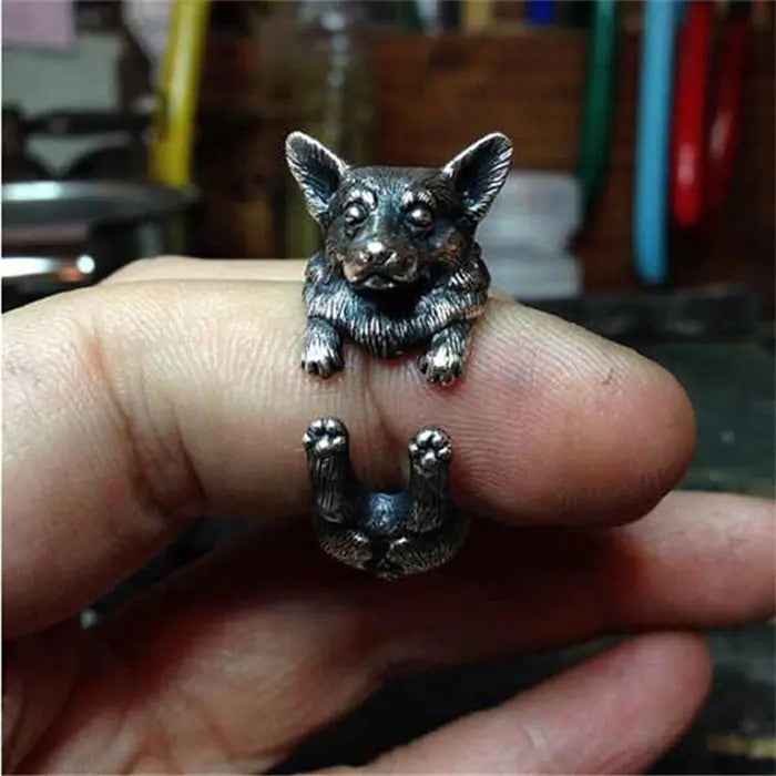 Anillo ajustable vintage con diseño de perro pastor y bulldog