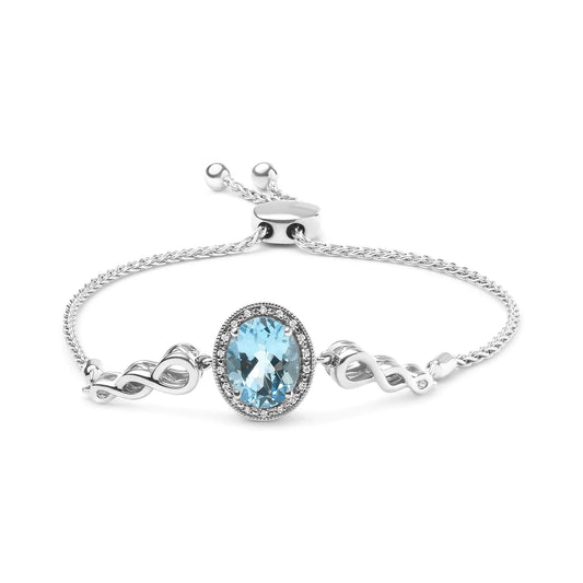 Pulsera bolo ajustable de plata de ley 925 con topacio azul ovalado de 10 x 8 mm y detalles de diamantes (color HI, claridad SI1-SI2)