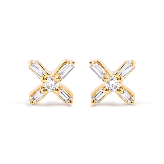 Aros con forma de cruz en forma de X de diamantes redondos y baguette de 1/10 ct en oro amarillo de 10 quilates (color HI, claridad I1-I2)