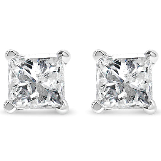 Aretes pequeños con diamantes de talla princesa de 1/5 ct en oro blanco de 14 k (IJ, I2-I3)