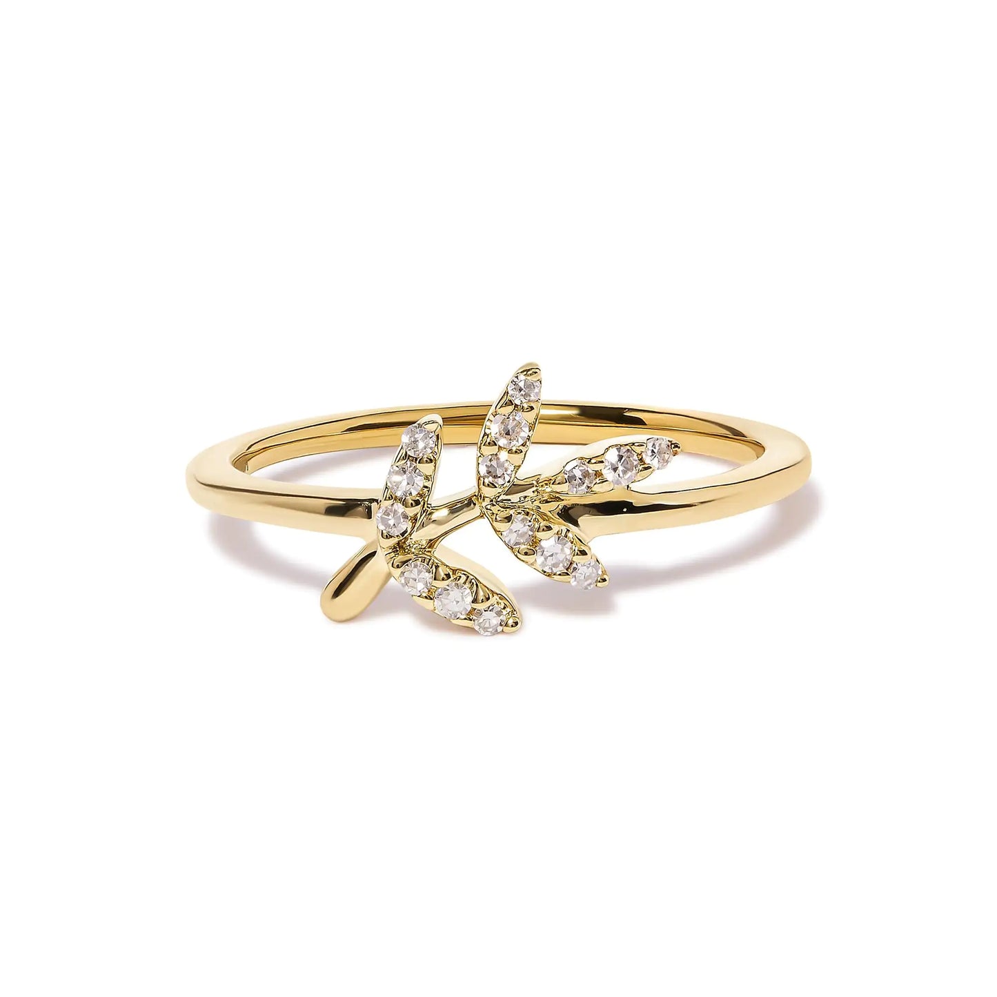 Anillo de oro amarillo de 10 quilates con diamantes de 1/10 quilates y forma de hoja y rama (color HI, claridad I1-I2)