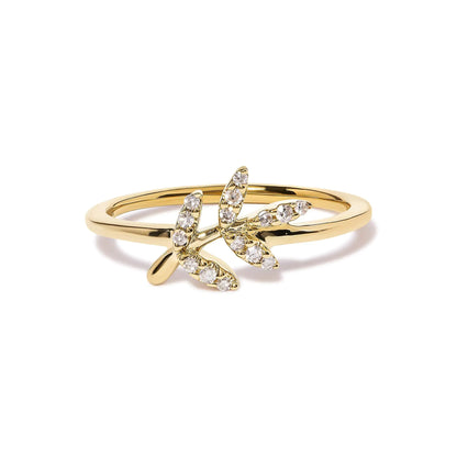 Anillo de oro amarillo de 10 quilates con diamantes de 1/10 quilates y forma de hoja y rama (color HI, claridad I1-I2)