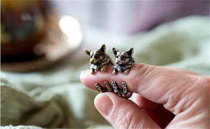 Anillo ajustable vintage con diseño de perro pastor y bulldog
