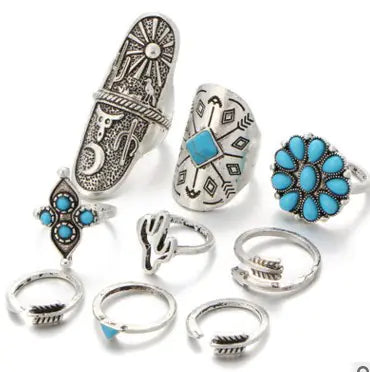 Juego de Anillos Vintage de 9 Piezas con Gemas de Turquesa