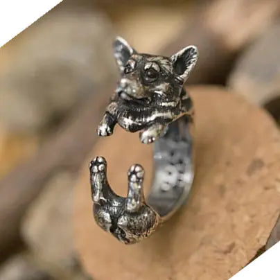 Anillo ajustable vintage con diseño de perro pastor y bulldog