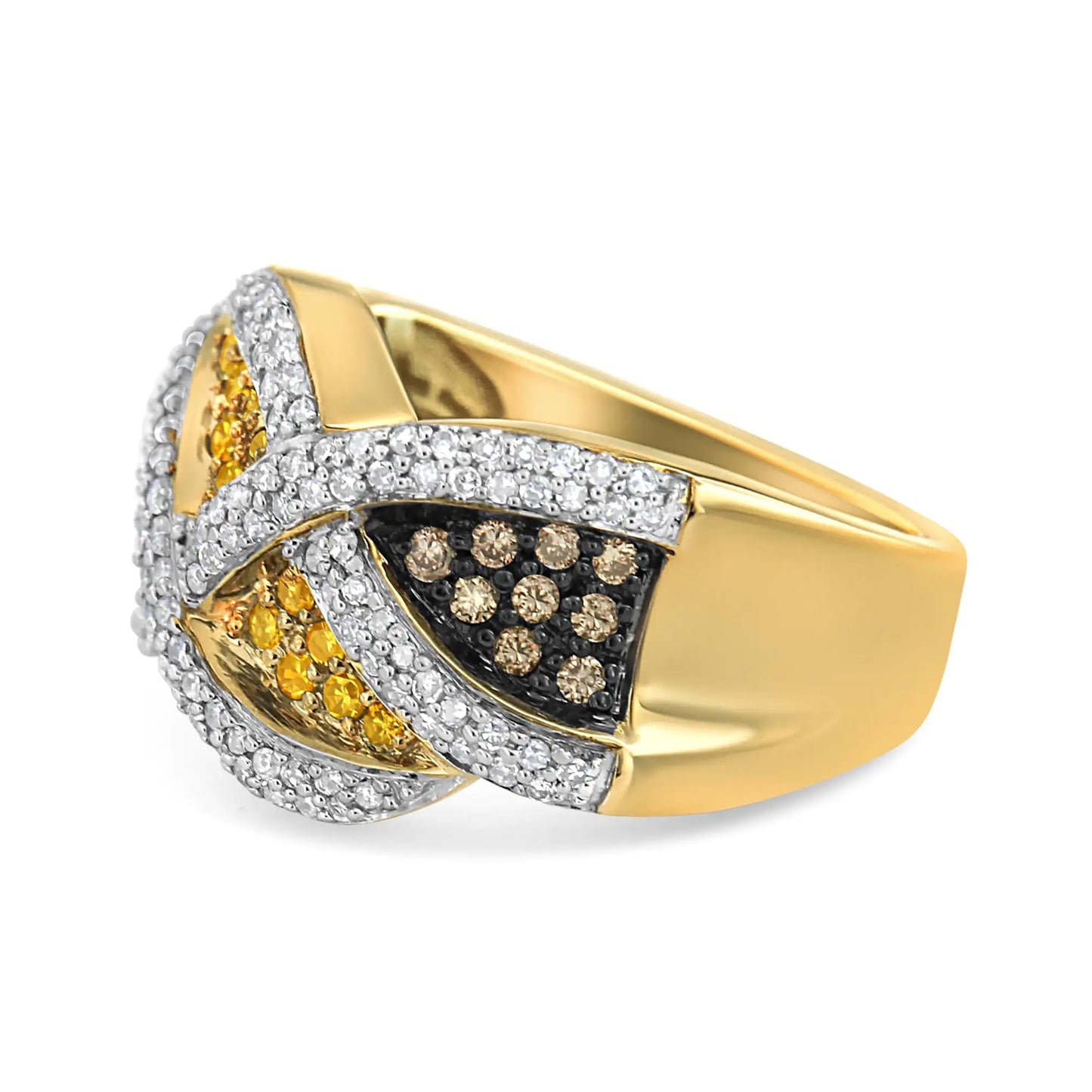 Anillo de oro amarillo de 14 quilates 3/4 ct Champán, diamantes amarillos y blancos con diseño tejido