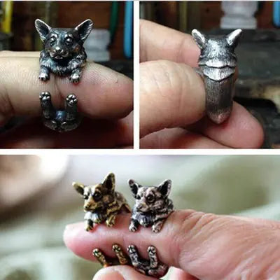 Anillo ajustable vintage con diseño de perro pastor y bulldog