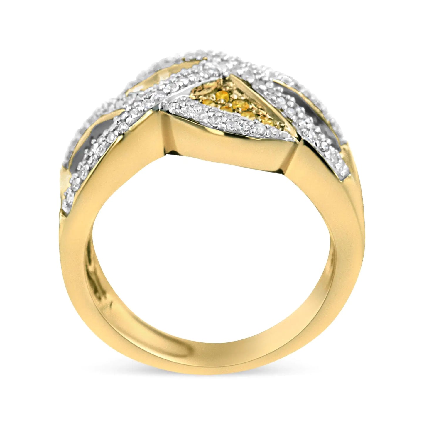 Anillo de oro amarillo de 14 quilates 3/4 ct Champán, diamantes amarillos y blancos con diseño tejido