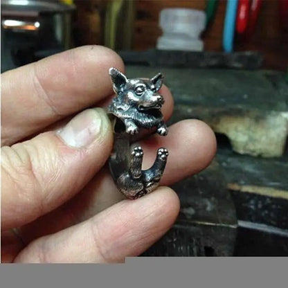 Anillo ajustable vintage con diseño de perro pastor y bulldog