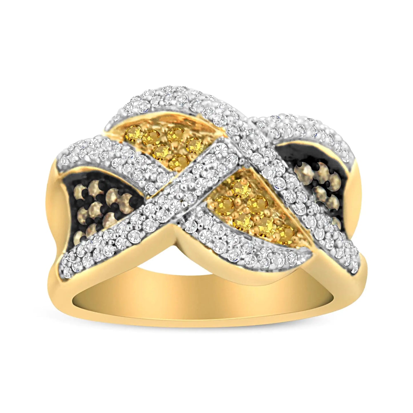 Anillo de oro amarillo de 14 quilates 3/4 ct Champán, diamantes amarillos y blancos con diseño tejido