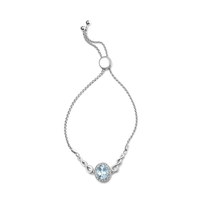 Pulsera bolo ajustable de plata de ley 925 con topacio azul ovalado de 10 x 8 mm y detalles de diamantes (color HI, claridad SI1-SI2)