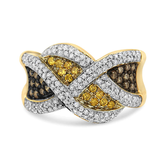 Anillo de oro amarillo de 14 quilates 3/4 ct Champán, diamantes amarillos y blancos con diseño tejido