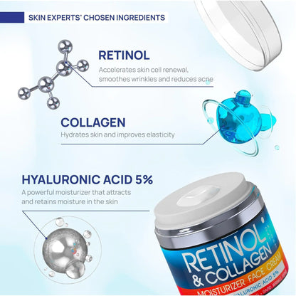 Crema de retinol para el rostro, hidratante con colágeno y retinol con ácido hialurónico, 1,8 oz